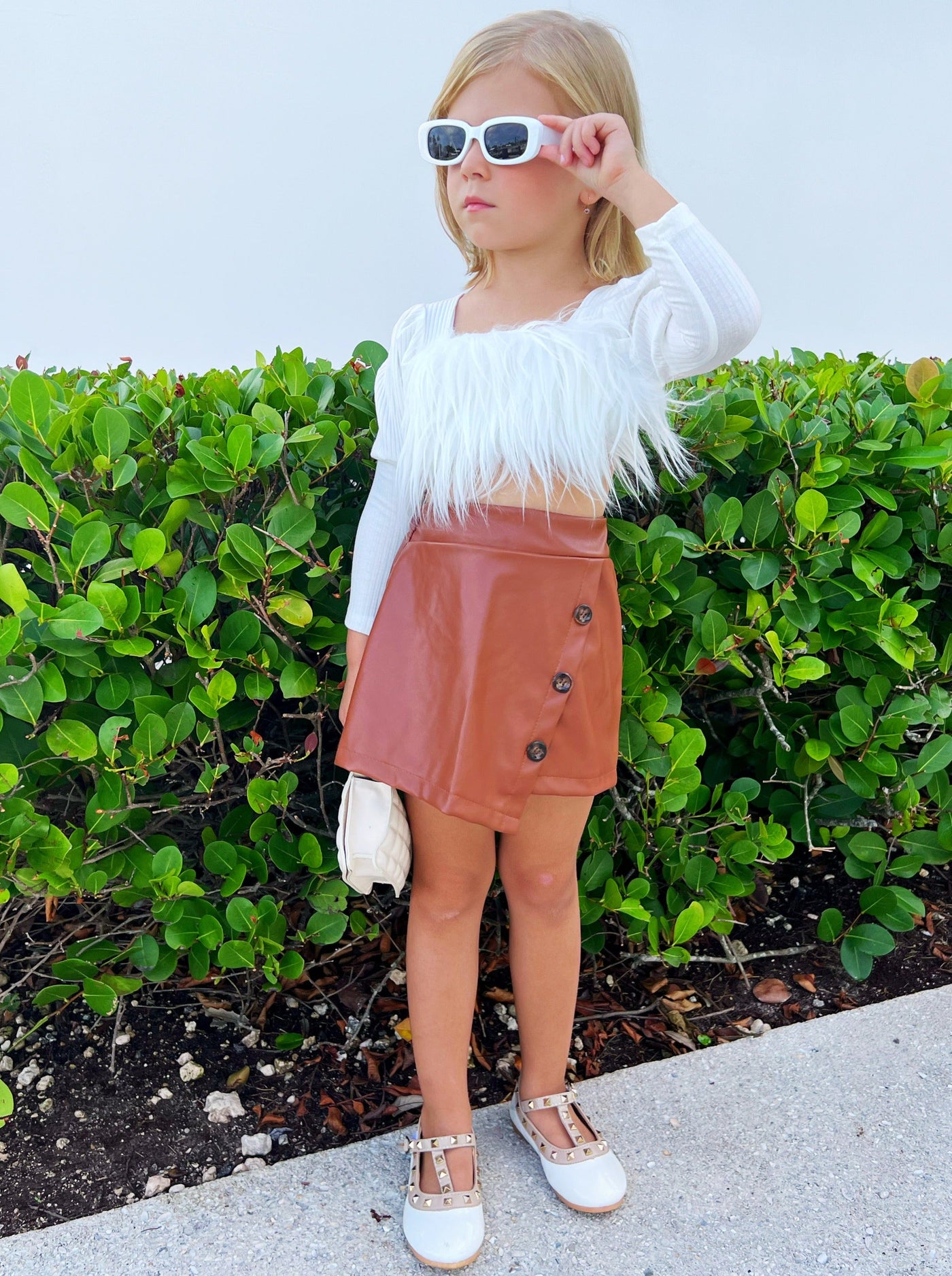 Toddler Everyday Fashion | Girls Furry Crop Top PU Leather Skort Set