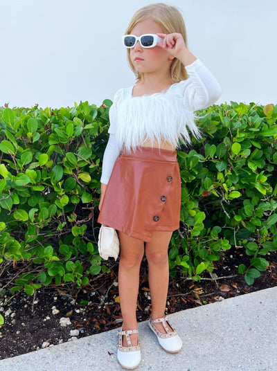 Toddler Everyday Fashion | Girls Furry Crop Top PU Leather Skort Set