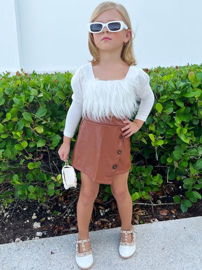 Toddler Everyday Fashion | Girls Furry Crop Top PU Leather Skort Set