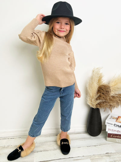 Toddlers Fall Tops | Girls Long Puff  Sleeve Turtleneck Rib Knit Top