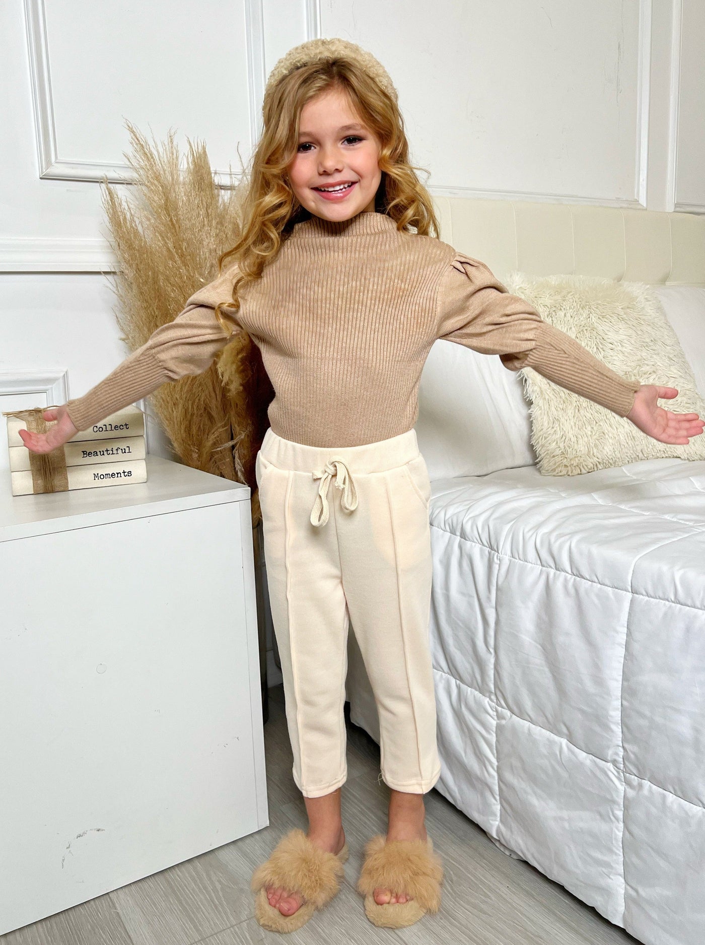 Toddlers Fall Tops | Girls Long Puff  Sleeve Turtleneck Rib Knit Top