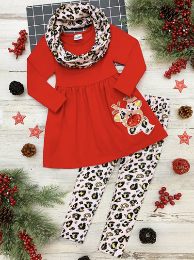 Girls Winter Casual Set | Reindeer Tunic, Leopard Scarf & Legging Set