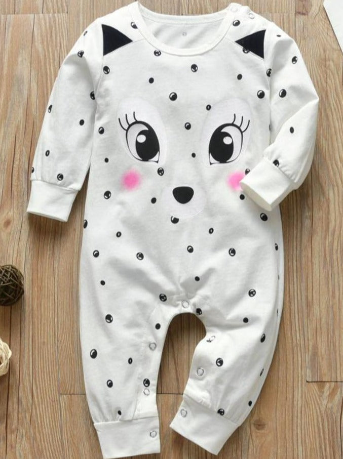 Baby Polka Dot Fox Long Sleeve Romper Onesie White