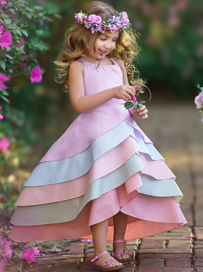 Toddler Spring Dresses | Girls Pastel Rainbow Tiered Hi-Lo Dress 