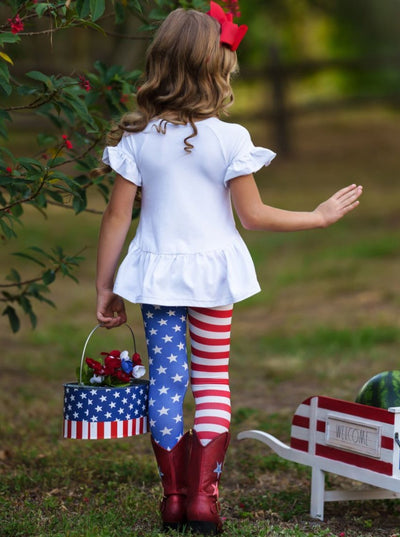 girls Set features a hi-low "Little Miss America" printed tunic with Americana leggings
