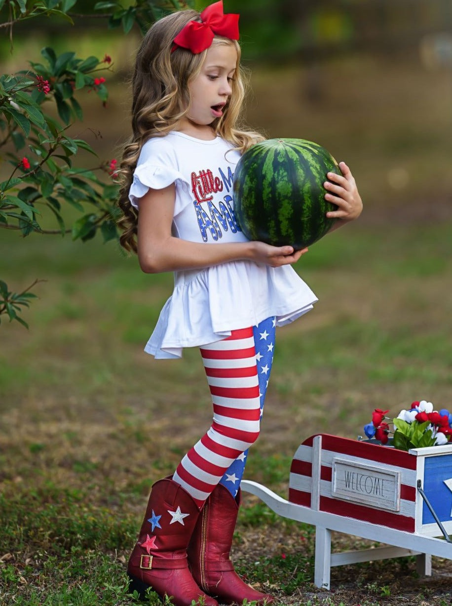 girls Set features a hi-low "Little Miss America" printed tunic with Americana leggings