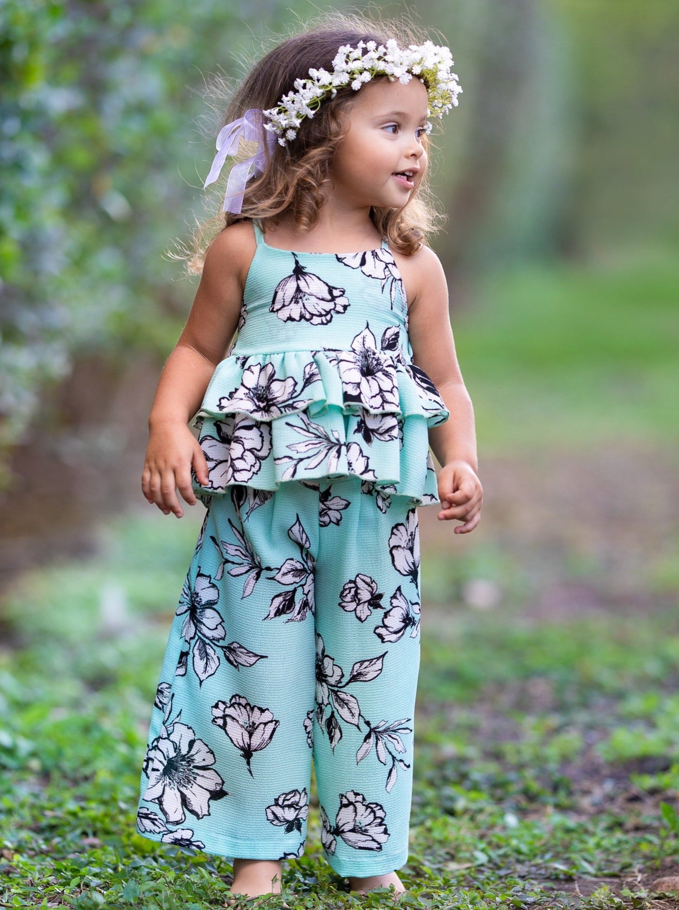 Toddler Spring Outfits | Girls Blue Floral Top & Palazzo Pants Set