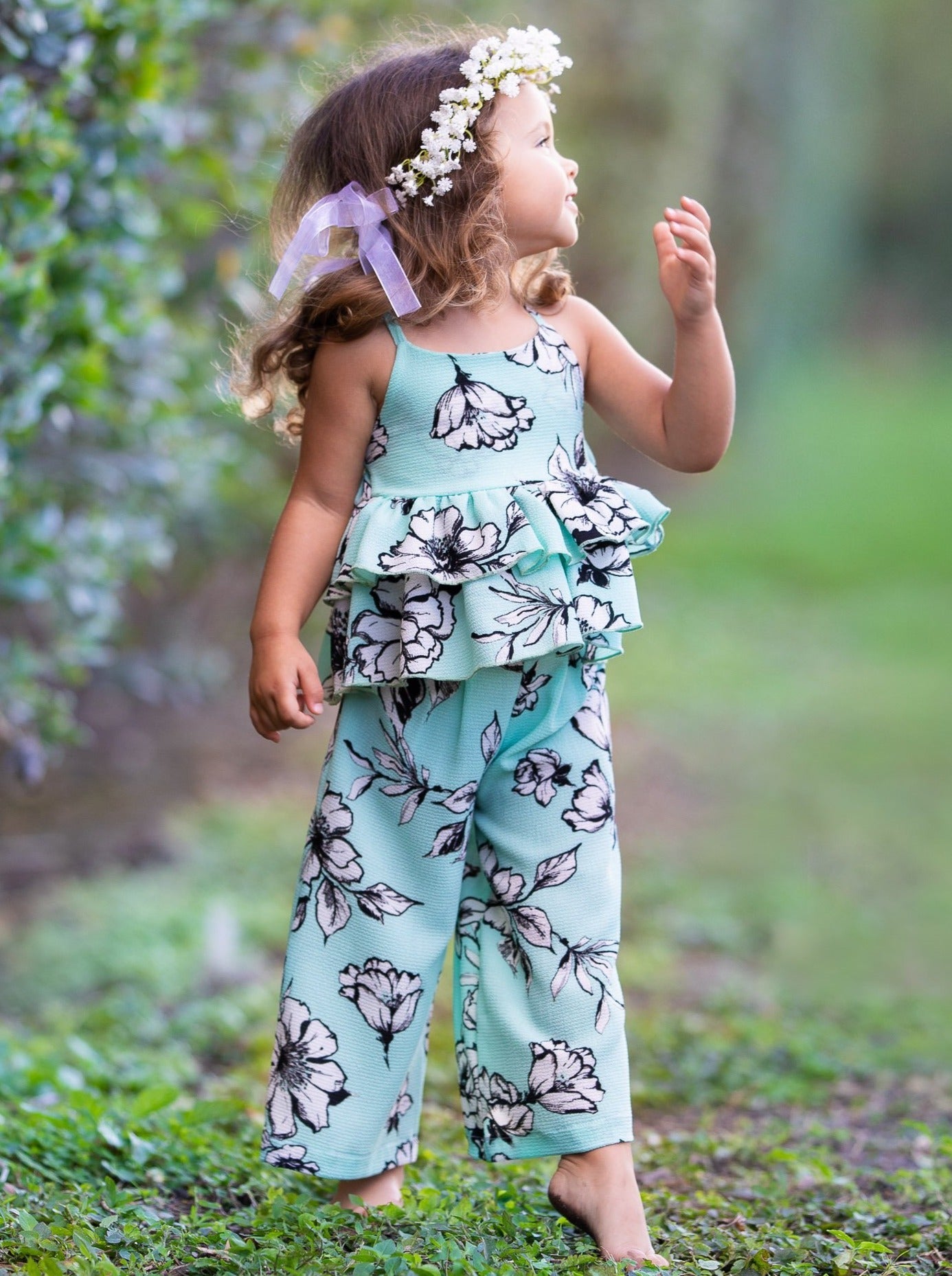 Toddler Spring Outfits | Girls Blue Floral Top & Palazzo Pants Set