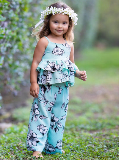 Toddler Spring Outfits | Girls Blue Floral Top & Palazzo Pants Set