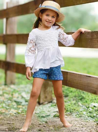 Toddler Spring Outfit | Girls Ruched Lace Tunic & Floral Shorts Set