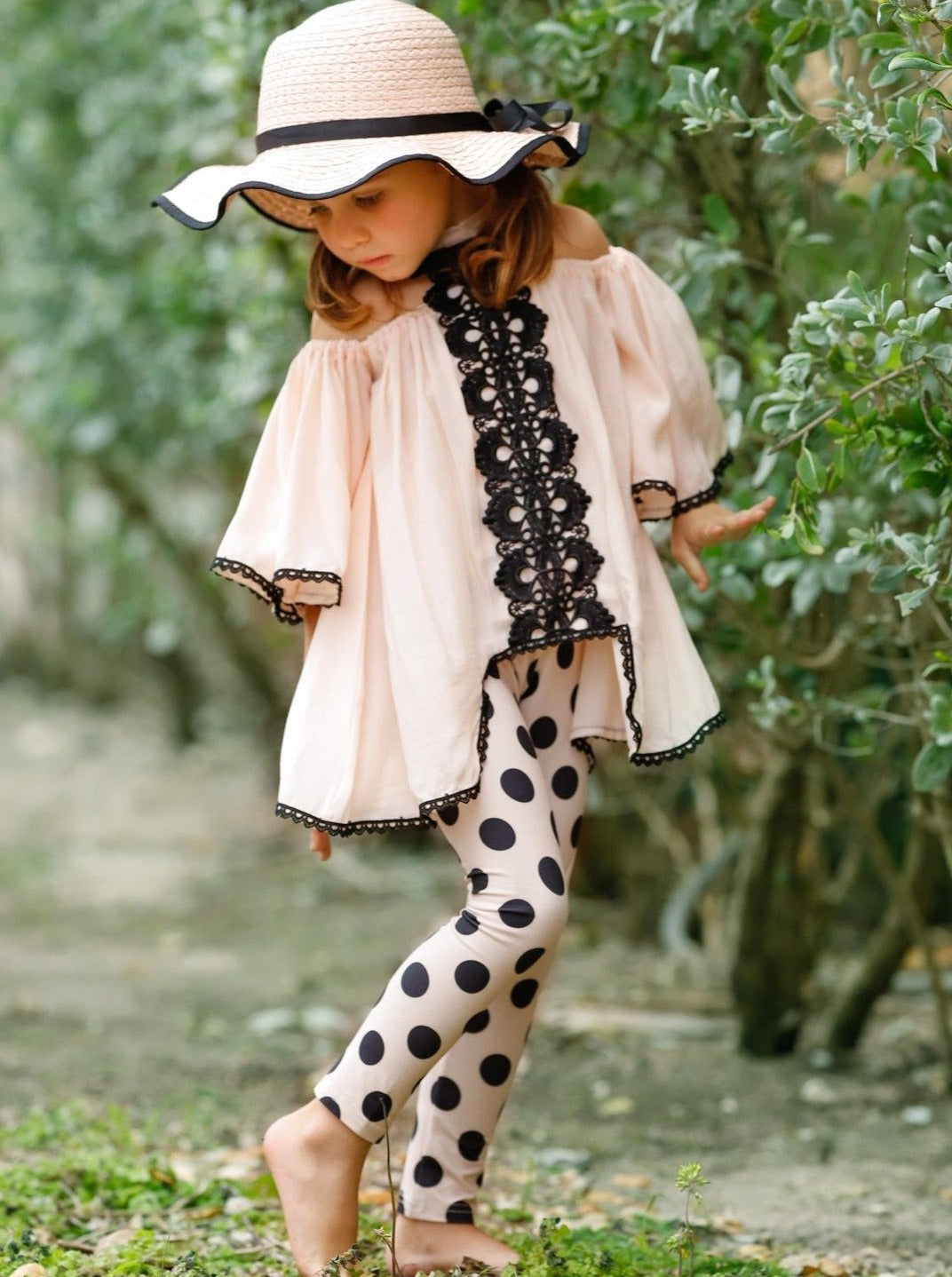 Girls Spring Outfits | Lace High Neck Tunic Polka Dot Legging Set