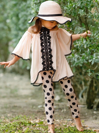Girls Spring Outfits | Lace High Neck Tunic Polka Dot Legging Set