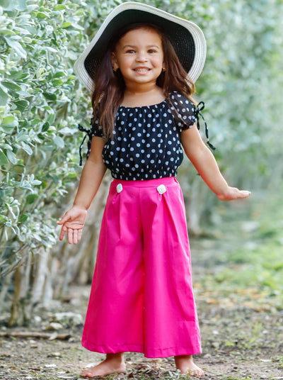 Girls Tie Sleeve Crop Top and Buttoned Palazzo Pants Set - Fuchsia / 2T/3T - Girls Spring Casual Set
