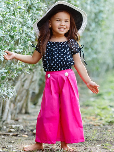 Girls Tie Sleeve Crop Top and Buttoned Palazzo Pants Set - Fuchsia / 2T/3T - Girls Spring Casual Set