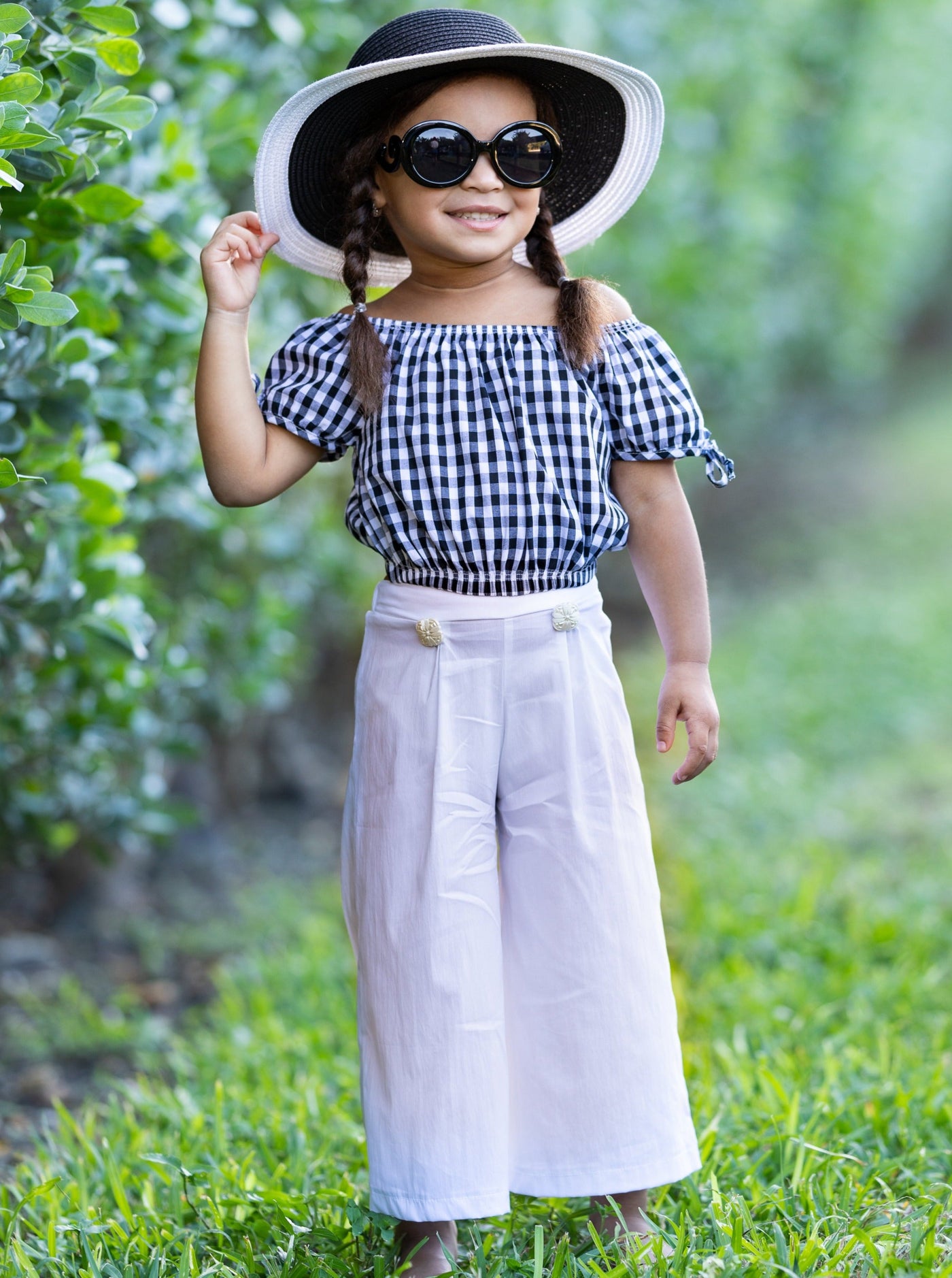 Girls Tie Sleeve Crop Top and Buttoned Palazzo Pants Set - White / 2T/3T - Girls Spring Casual Set