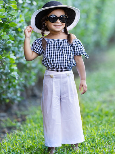 Girls Tie Sleeve Crop Top and Buttoned Palazzo Pants Set - White / 2T/3T - Girls Spring Casual Set
