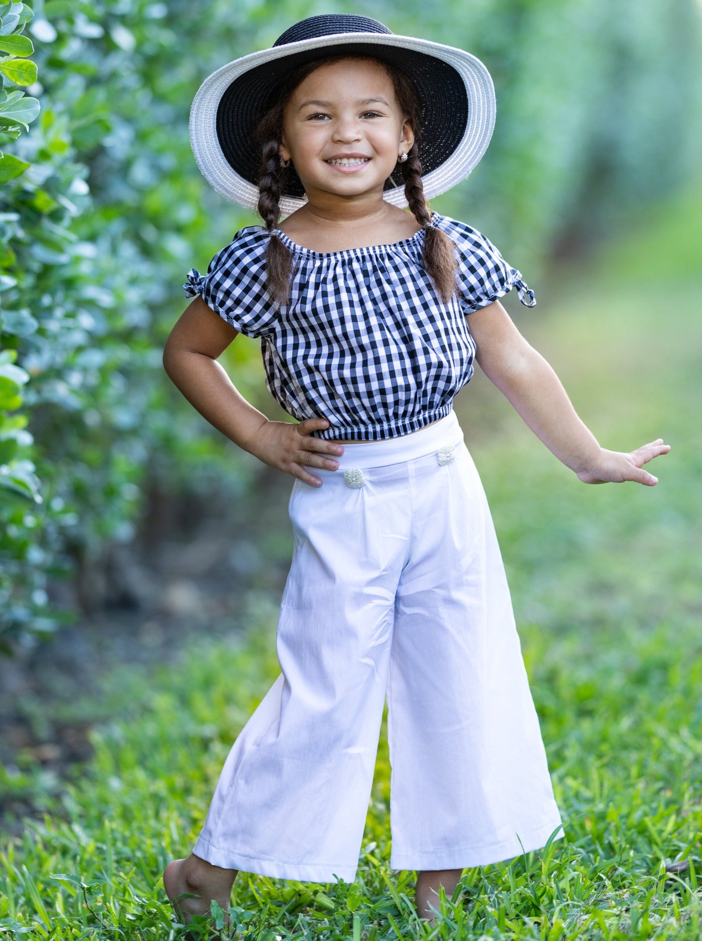 Girls Tie Sleeve Crop Top and Buttoned Palazzo Pants Set - White / 2T/3T - Girls Spring Casual Set
