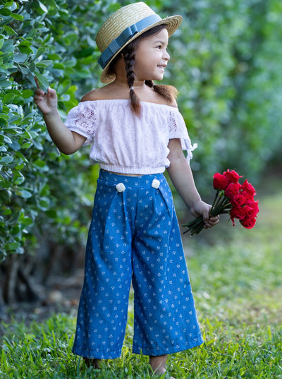 Girls Tie Sleeve Crop Top and Buttoned Palazzo Pants Set - Denim / 2T/3T - Girls Spring Casual Set