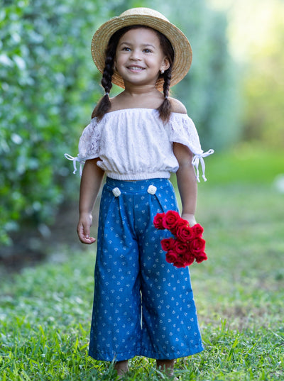 Girls Tie Sleeve Crop Top and Buttoned Palazzo Pants Set - Denim / 2T/3T - Girls Spring Casual Set