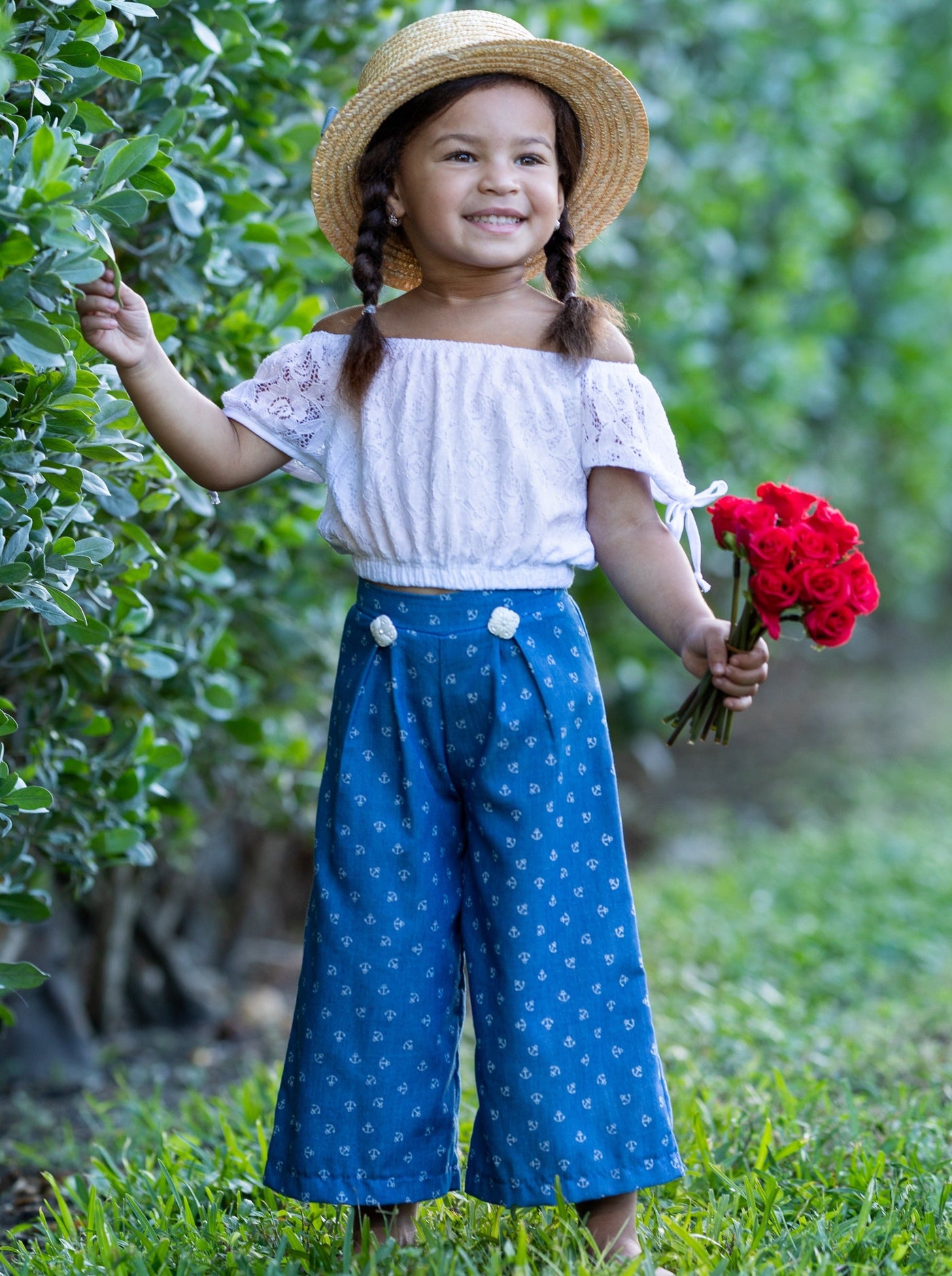Girls Tie Sleeve Crop Top and Buttoned Palazzo Pants Set - Denim / 2T/3T - Girls Spring Casual Set