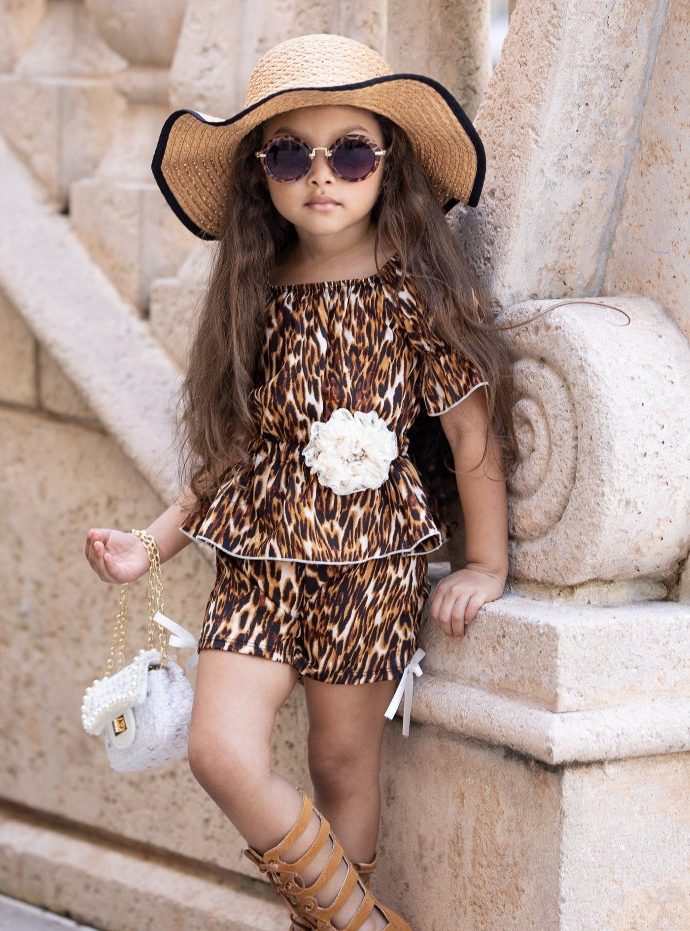 Girls Spring Outfits | Animal Print Boho Ruffle Sleeve & Shorts Set
