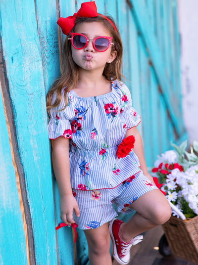 Toddler Spring Outfits | Girls Pinstripe Floral Top & Shorts Set