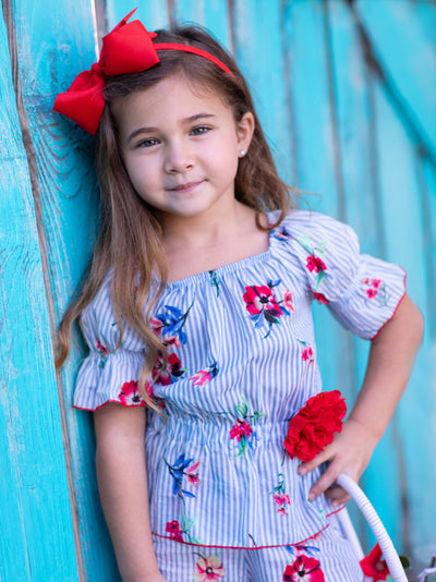 Toddler Spring Outfits | Girls Pinstripe Floral Top & Shorts Set
