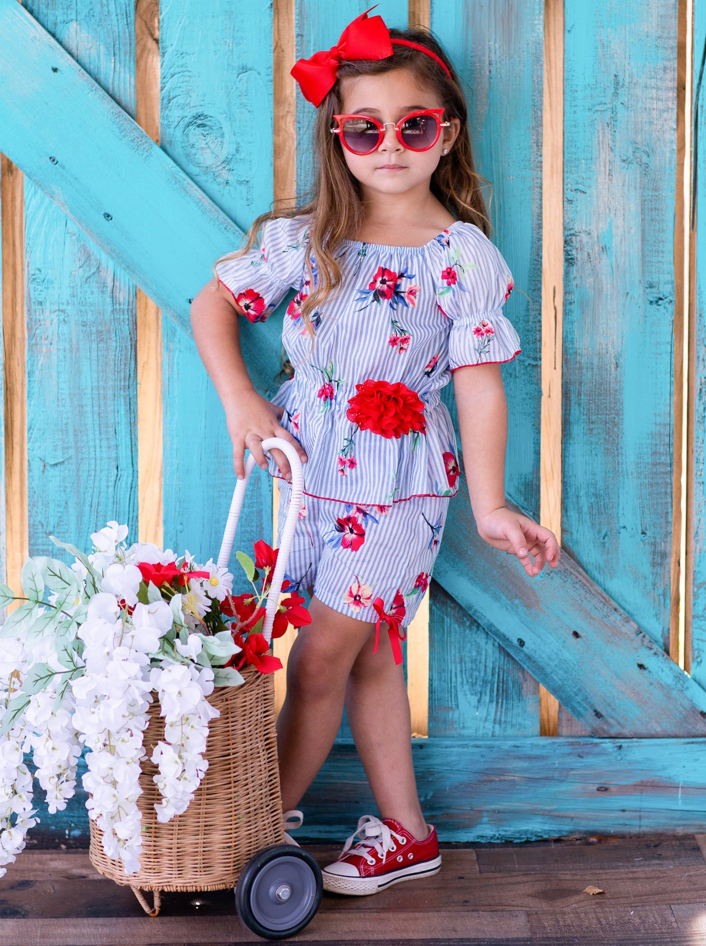 Toddler Spring Outfits | Girls Pinstripe Floral Top & Shorts Set