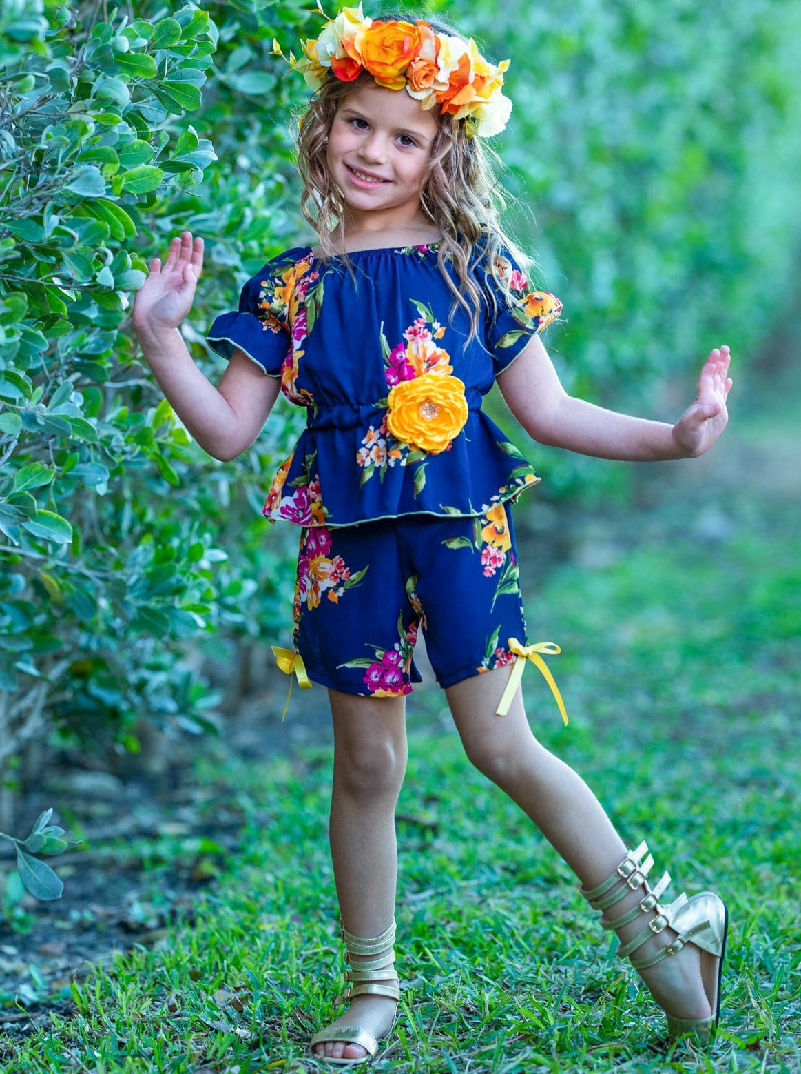 Girls Off Shoulder Boho Ruffle Sleeve and Shorts Set - Girls Spring Casual Set