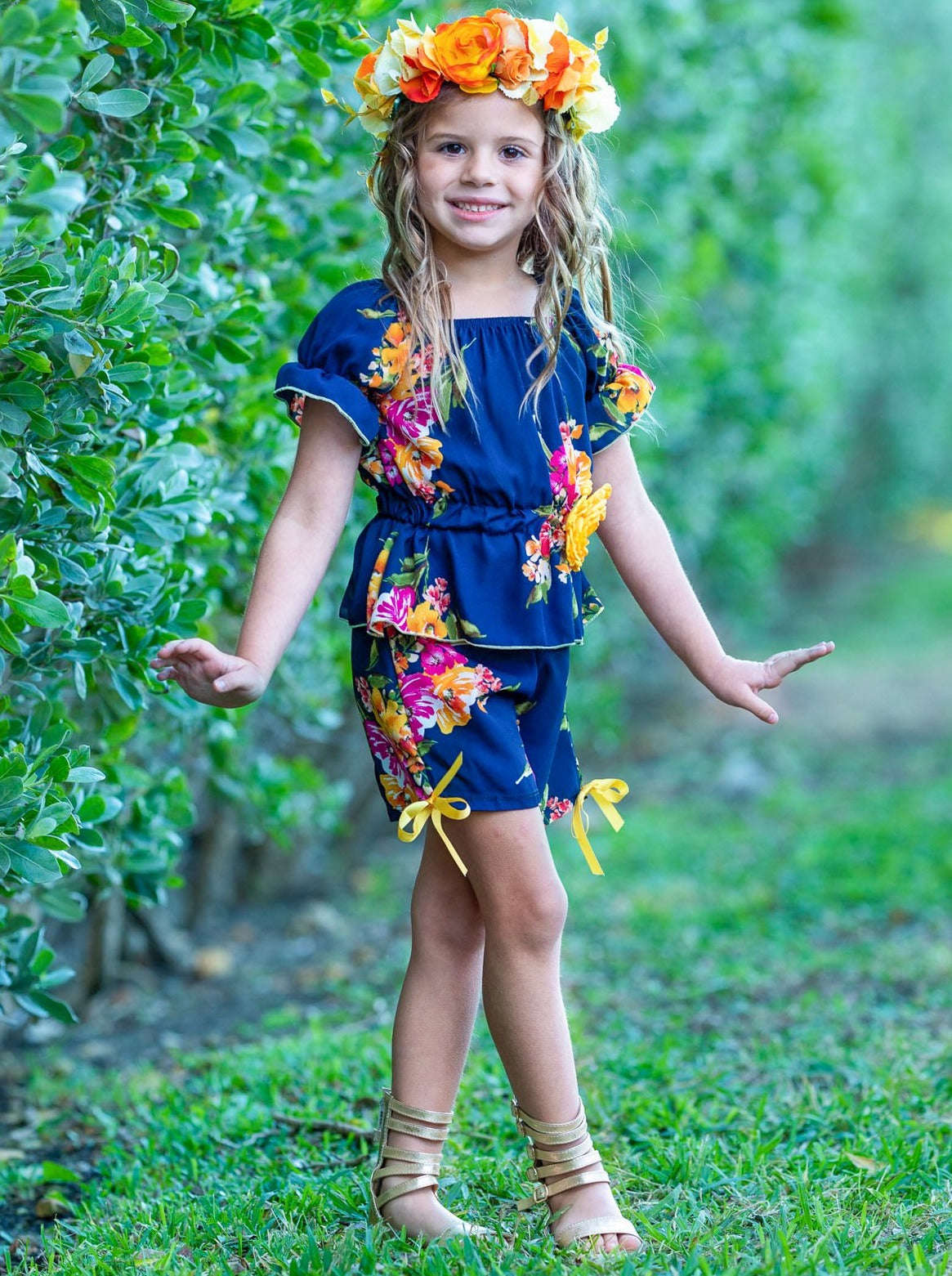 Girls Off Shoulder Boho Ruffle Sleeve and Shorts Set - Girls Spring Casual Set