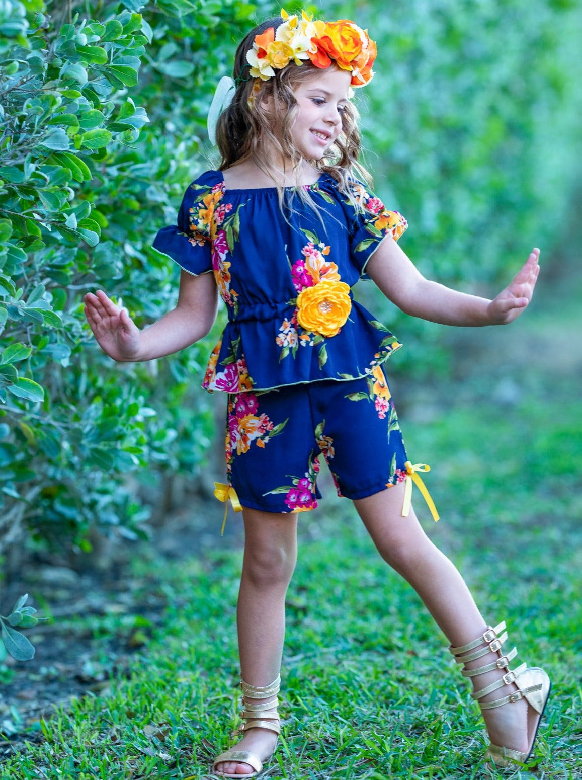 Girls Off Shoulder Boho Ruffle Sleeve and Shorts Set - Girls Spring Casual Set