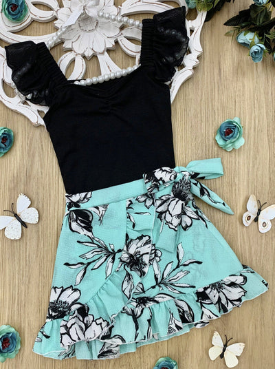 Toddler Spring Outfit | Girls Tulle Sleeve Top & Ruffle Wrap Skirt Set