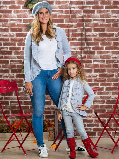 Mommy & Me Matching Grey Ruffled Blazer Cardigan - Mia Belle Girls