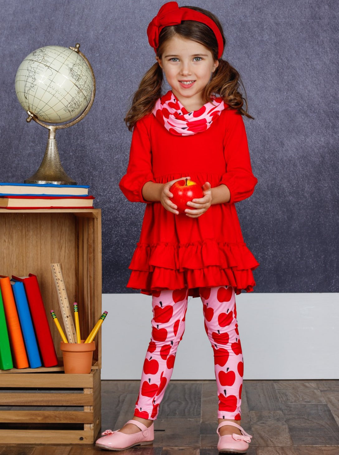 Girls Back To School Tunic Apple Legging & Scarf Set – Mia Belle Girls