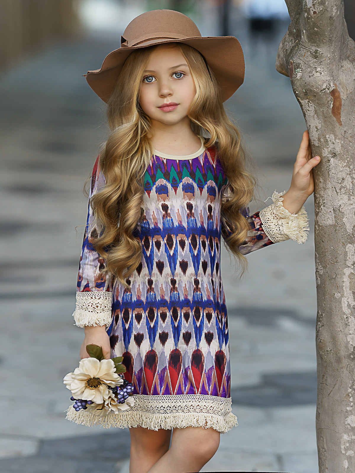 Girls Long Sleeve Tribal Print A-Line Crochet Fringe Twiggy Dress