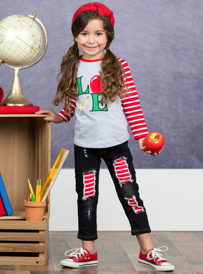 Love To Learn Raglan Top & Patched Jeans Set - Back To School - Mia Belle Girls
