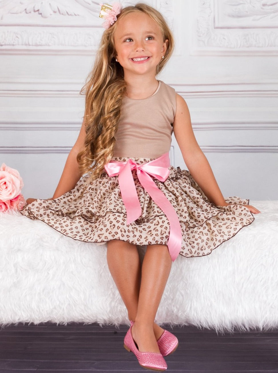 Girls Animal Print Multi Tier Ruffle Dress with Pink Sash