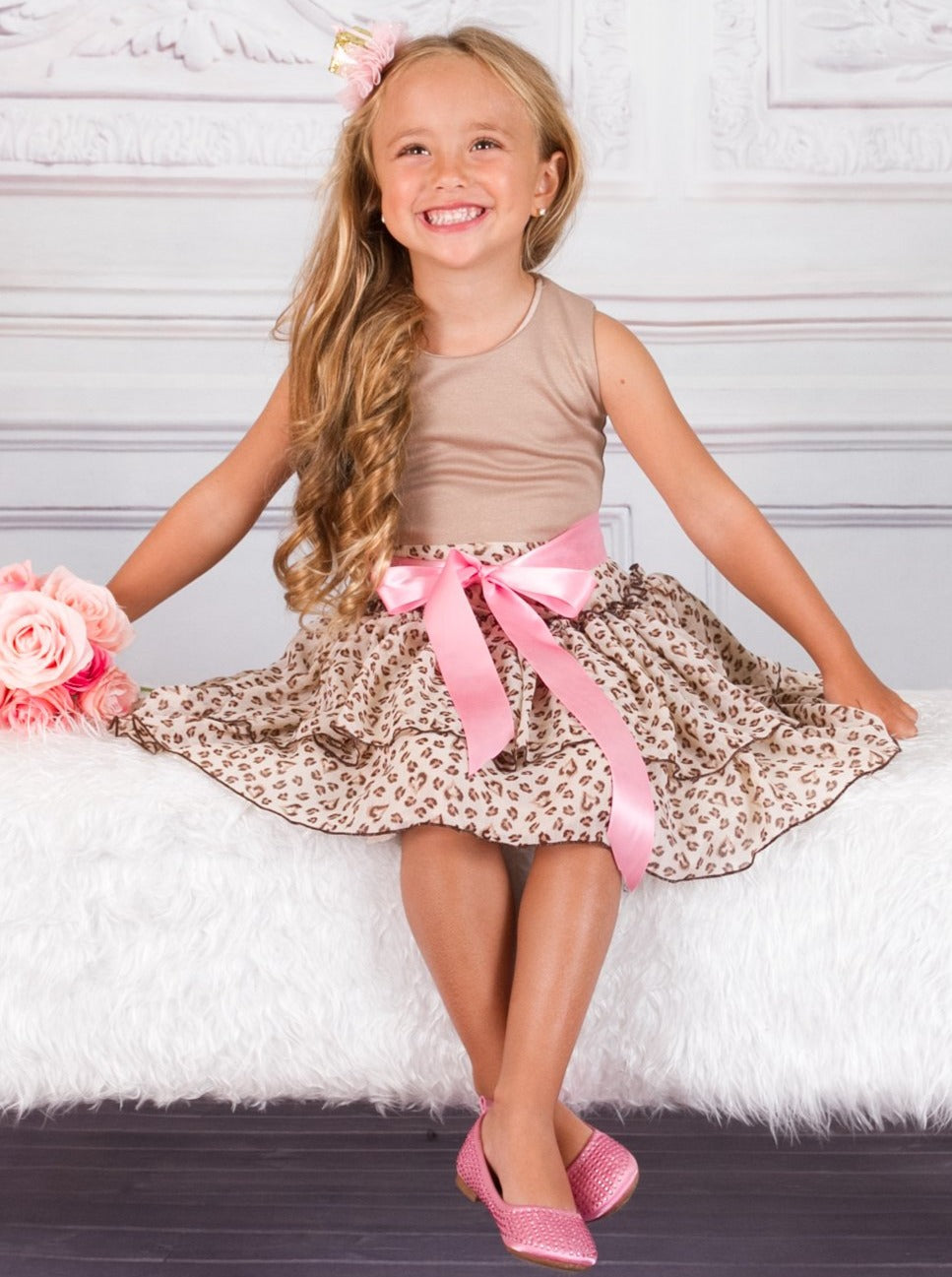 Girls Animal Print Multi Tier Ruffle Dress with Pink Sash