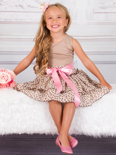 Girls Animal Print Multi Tier Ruffle Dress with Pink Sash