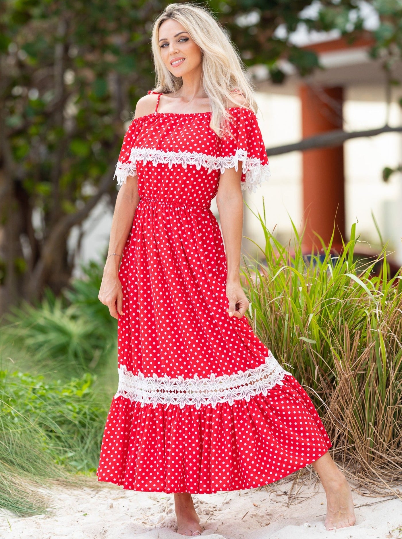 Mommy & Me Summer Polka Dot Crochet Boho Maxi Dress - Mia Belle Girls