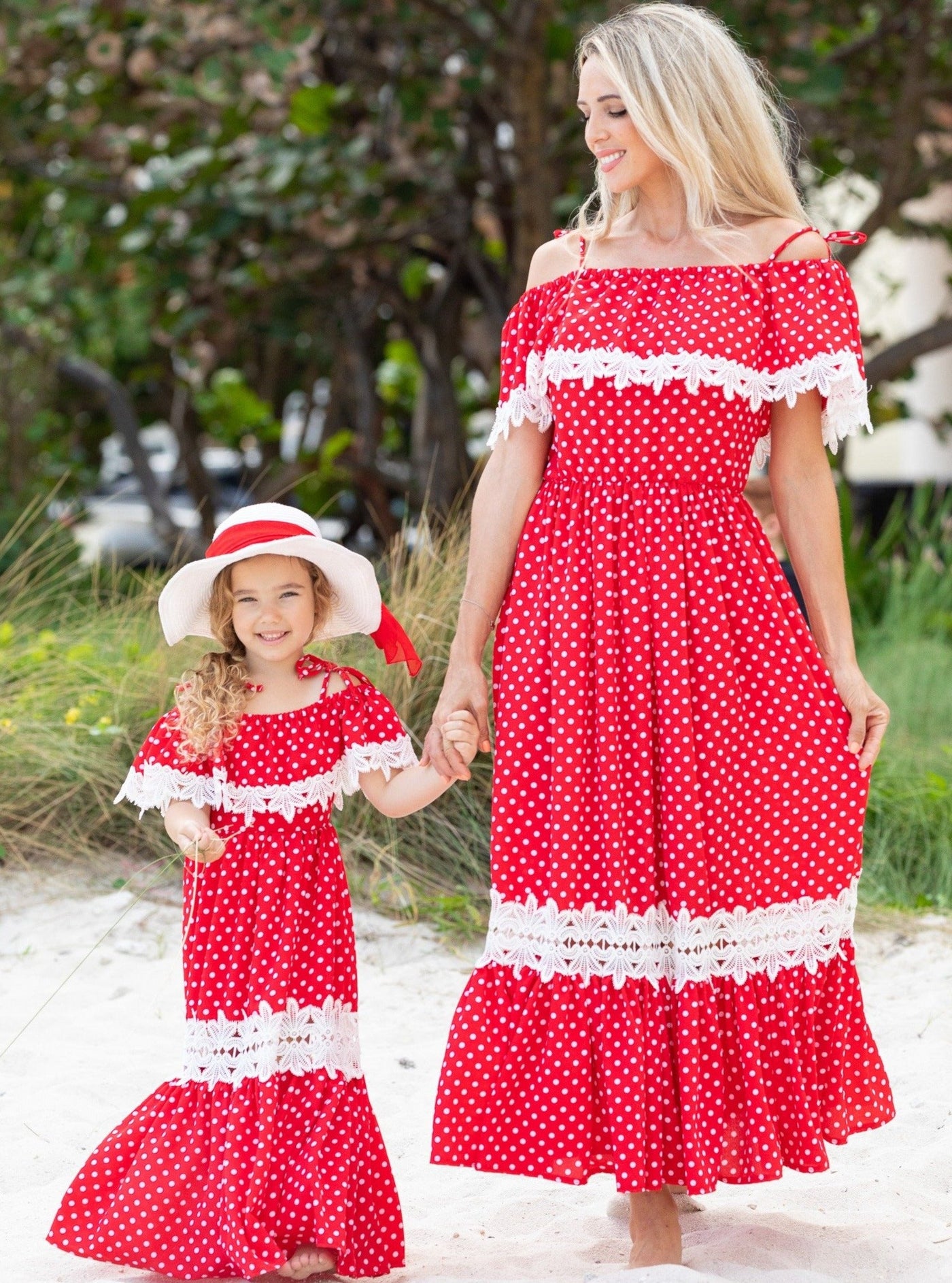 Mommy & Me Summer Polka Dot Crochet Boho Maxi Dress - Mia Belle Girls