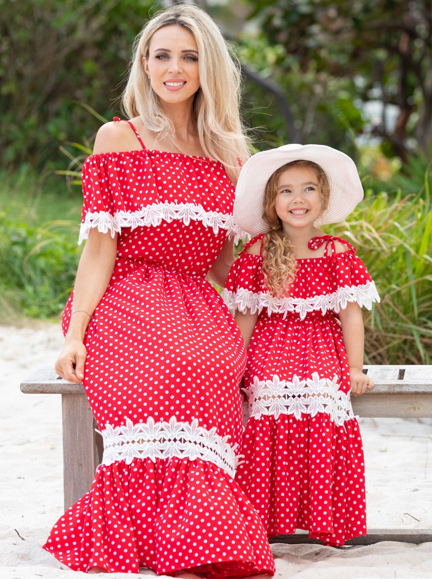 Mommy & Me Summer Polka Dot Crochet Boho Maxi Dress - Mia Belle Girls