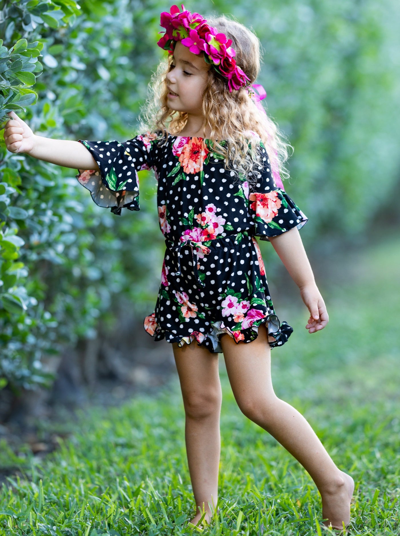 Children's Rompers | Girls Spring Floral Boho Drawstring Ruffle Romper