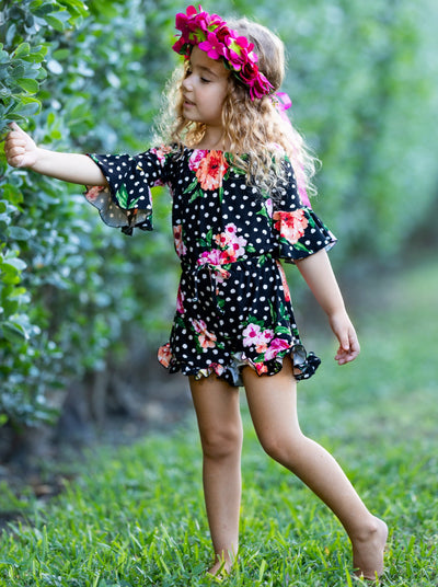Children's Rompers | Girls Spring Floral Boho Drawstring Ruffle Romper