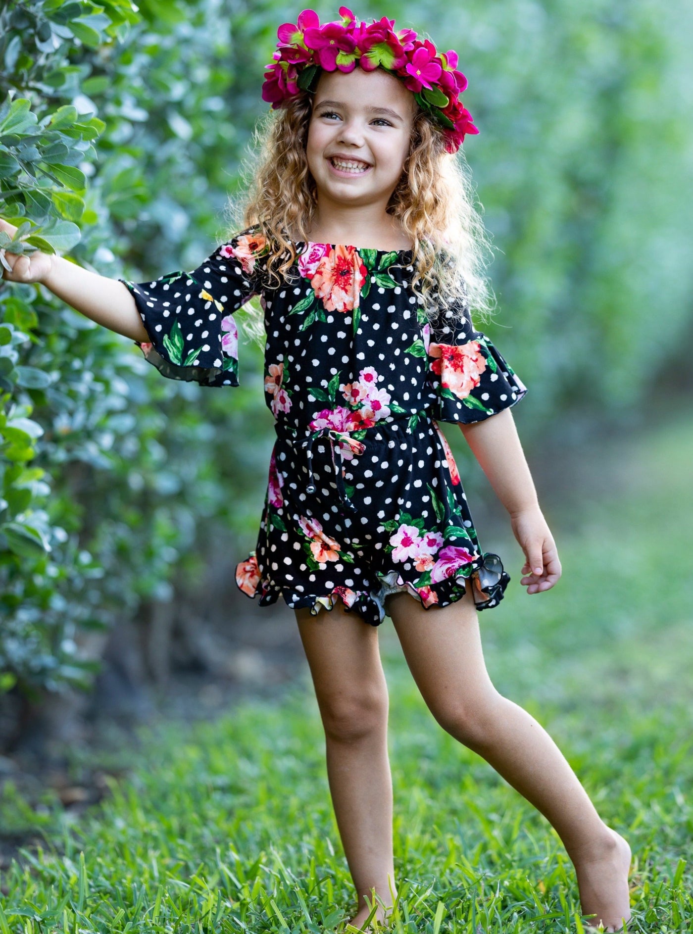 Children's Rompers | Girls Spring Floral Boho Drawstring Ruffle Romper