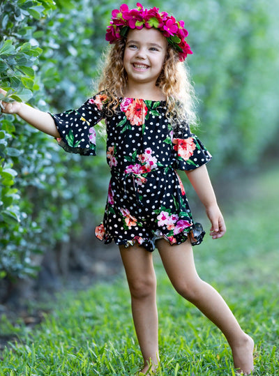 Children's Rompers | Girls Spring Floral Boho Drawstring Ruffle Romper