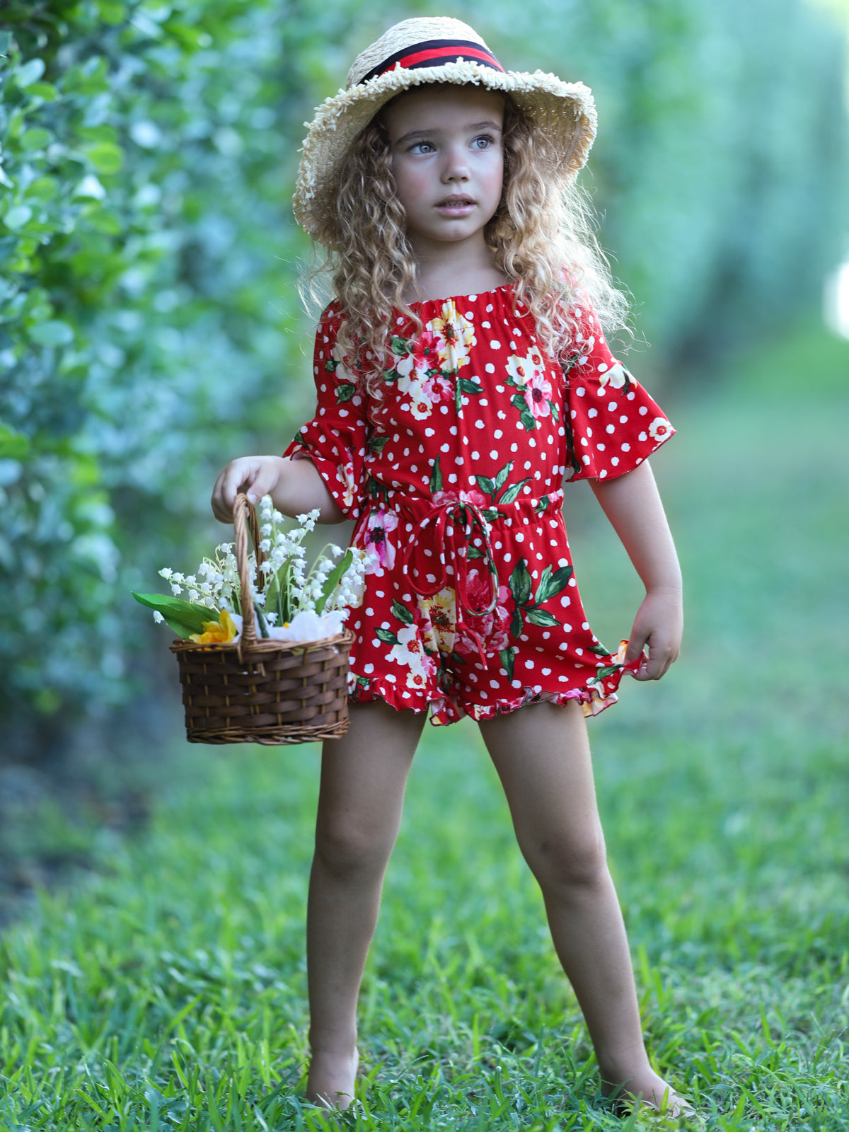 Children's Rompers | Girls Spring Floral Boho Drawstring Ruffle Romper