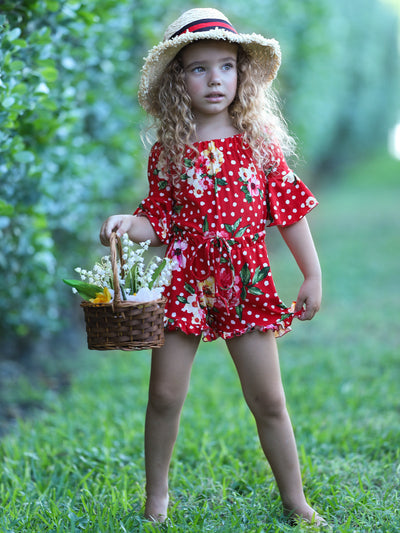 Children's Rompers | Girls Spring Floral Boho Drawstring Ruffle Romper