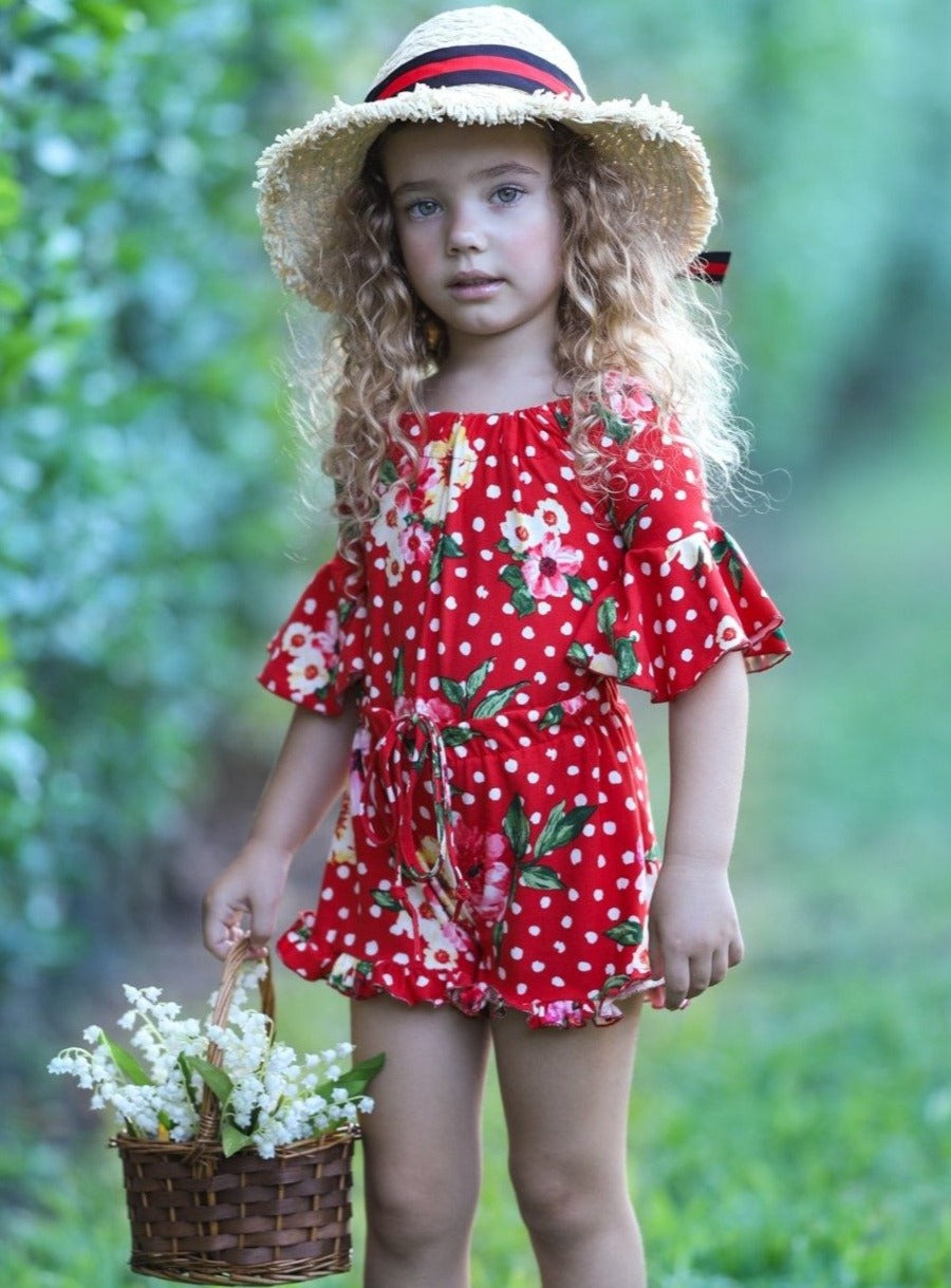 Children's Rompers | Girls Spring Floral Boho Drawstring Ruffle Romper