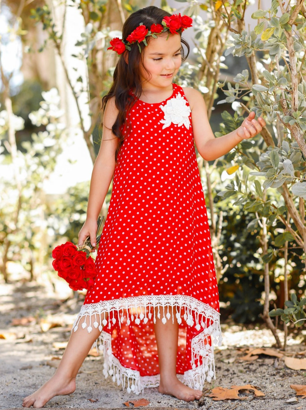 Girls Boho Polka Dot Hi-Lo Fringe Hem Maxi Dress - Mia Belle Girls